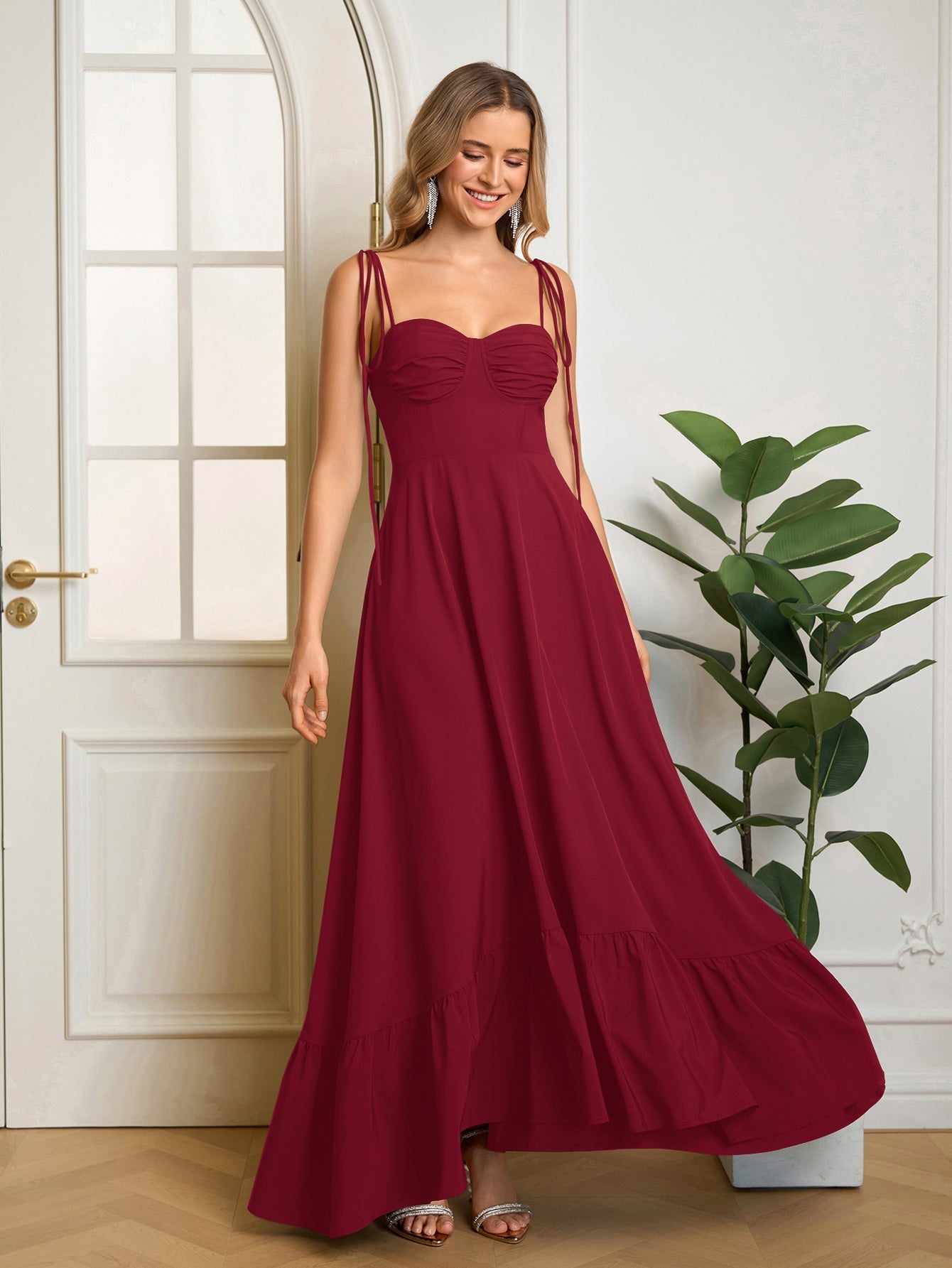 Tie Shoulder Ruched Bust Maxi Solid Dress - View 39 | WEUXS