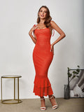 tie shoulder mermaid ruffle trim cami dress#color_tangerine