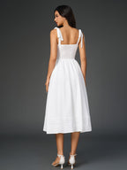 v-neck tie shoulder pleated pocket solid dress#color_white