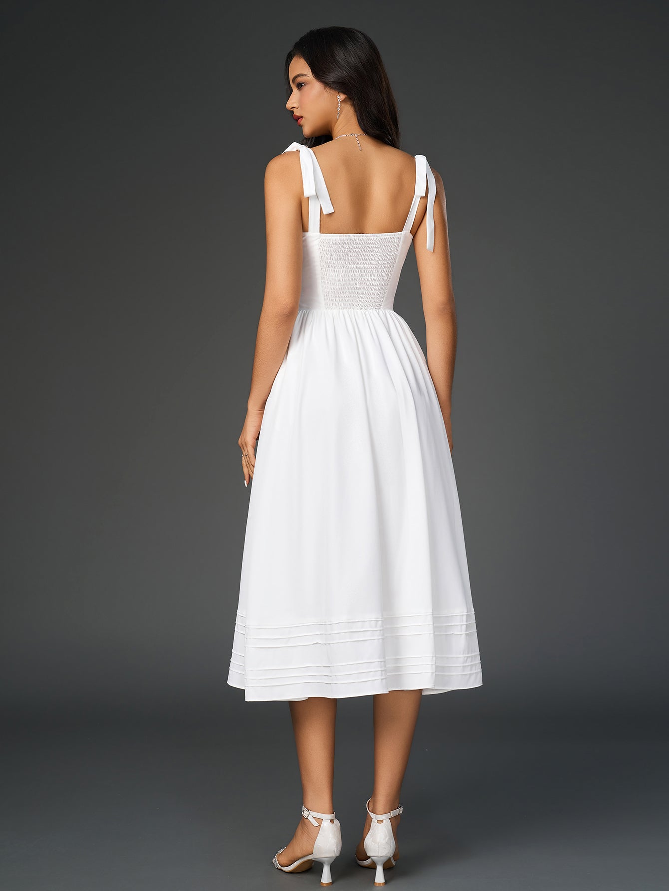 v-neck tie shoulder pleated pocket solid dress#color_white