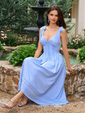 pocket pleated v-neck tie shoulder solid dress#color_blue