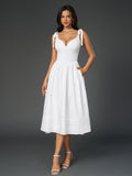 v-neck pleated tie shoulder pocket solid dress#color_white