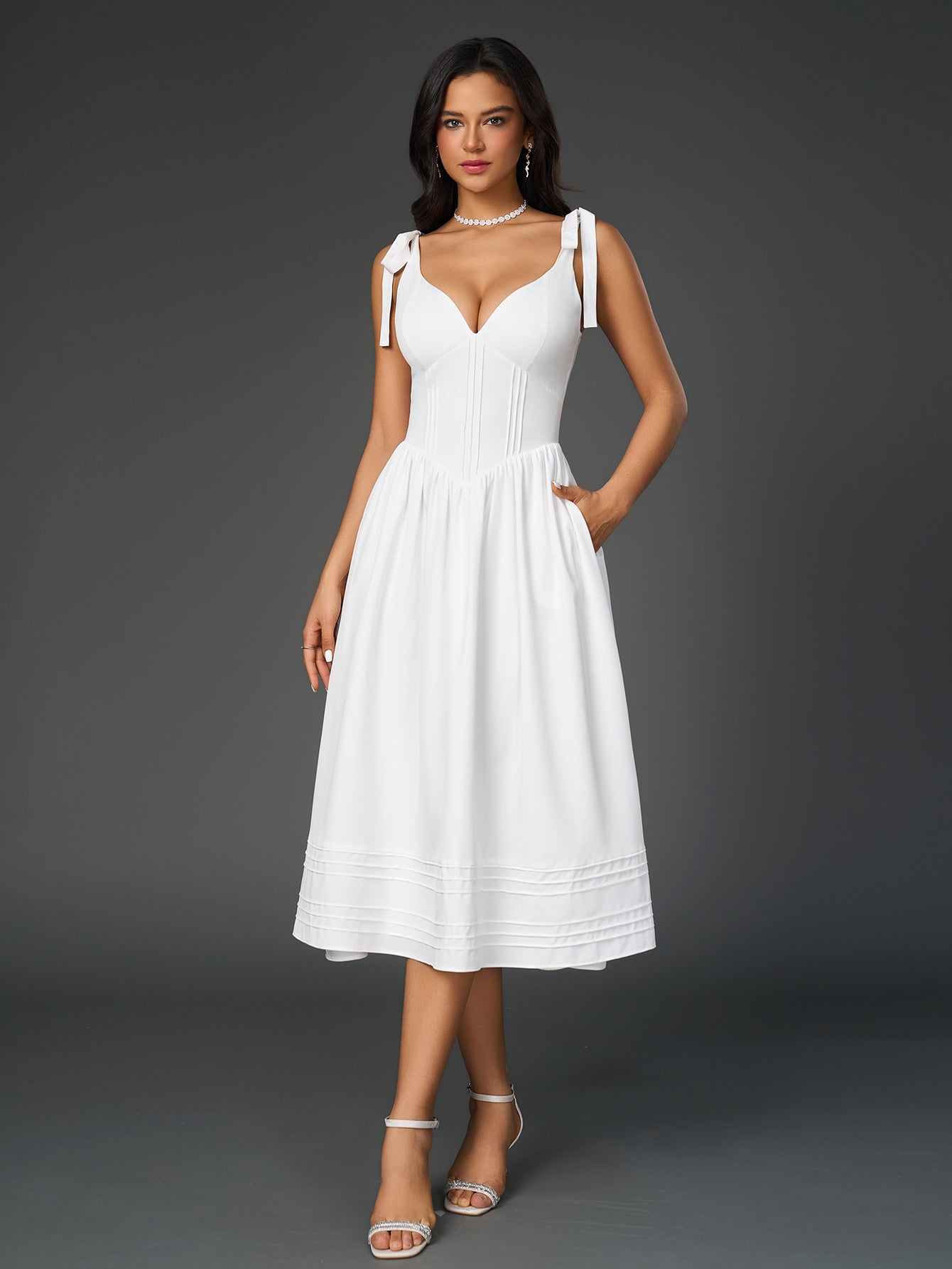 v-neck pleated tie shoulder pocket solid dress#color_white