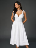 tie shoulder v-neck pleated pocket solid dress#color_white