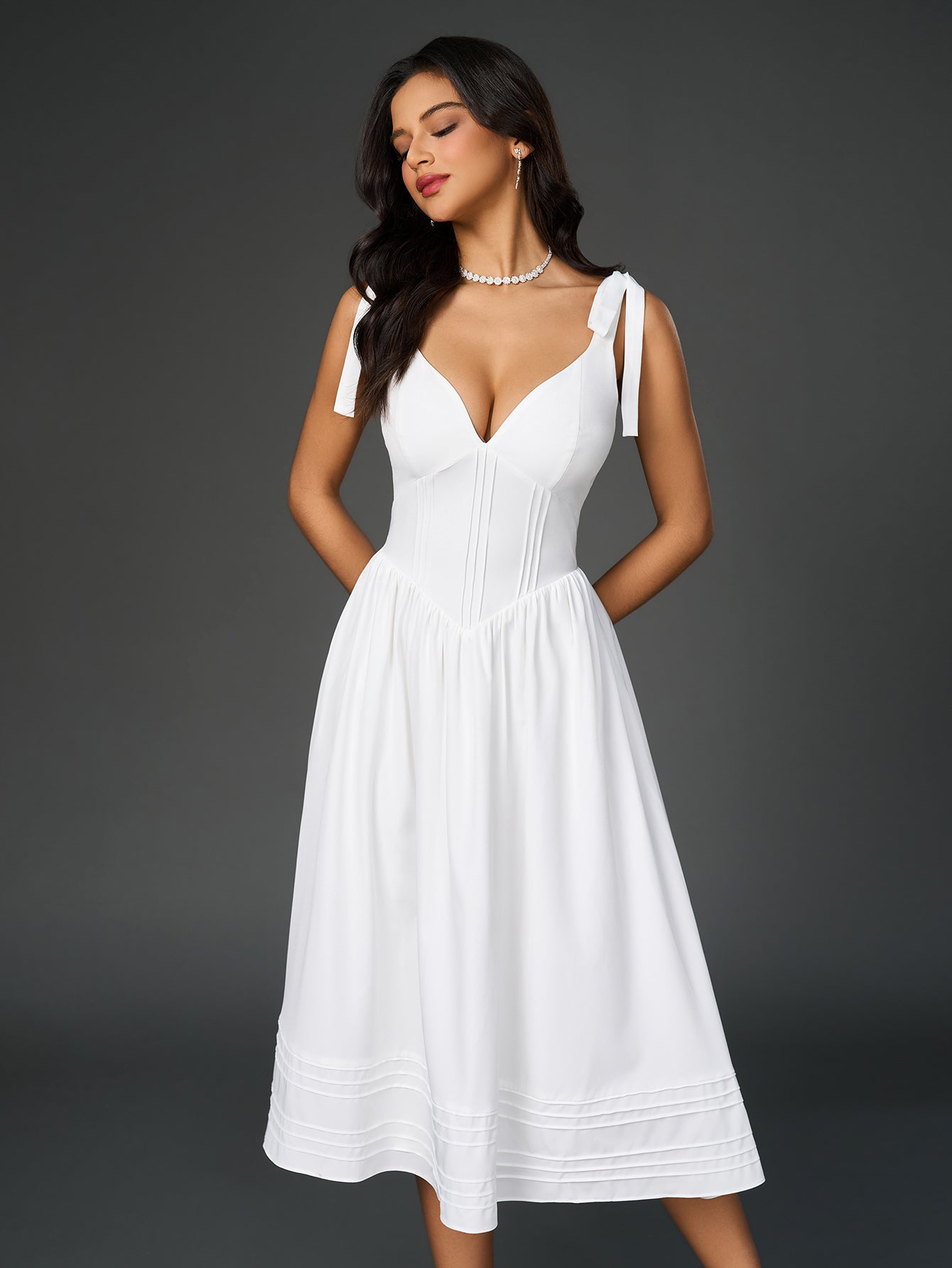 tie shoulder v-neck pleated pocket solid dress#color_white
