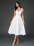 tie shoulder pleated v-neck pocket solid dress#color_white