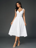 tie shoulder pleated v-neck pocket solid dress#color_white