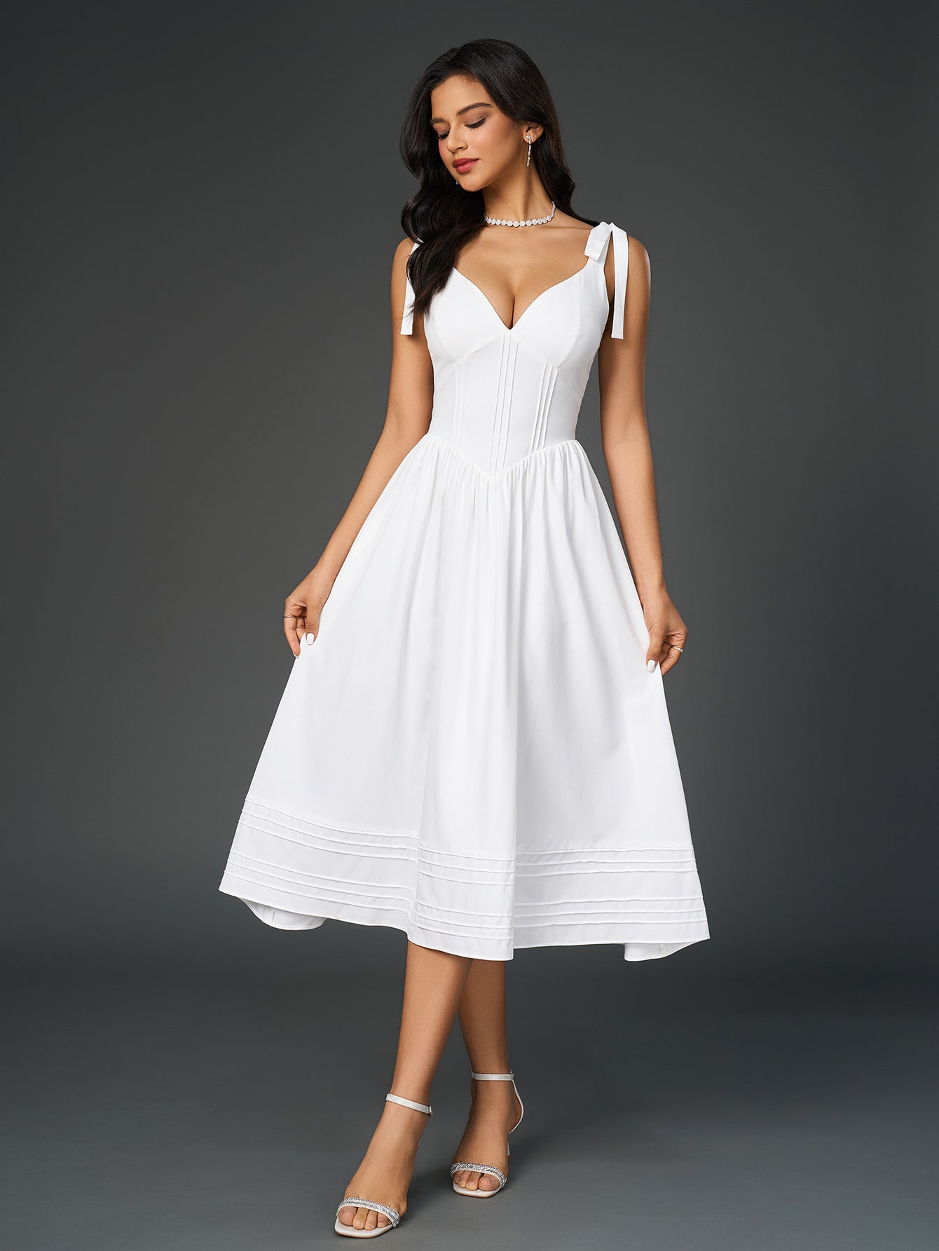 tie shoulder pleated v-neck pocket solid dress#color_white
