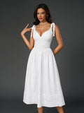 pleated tie shoulder v-neck pocket solid dress#color_white