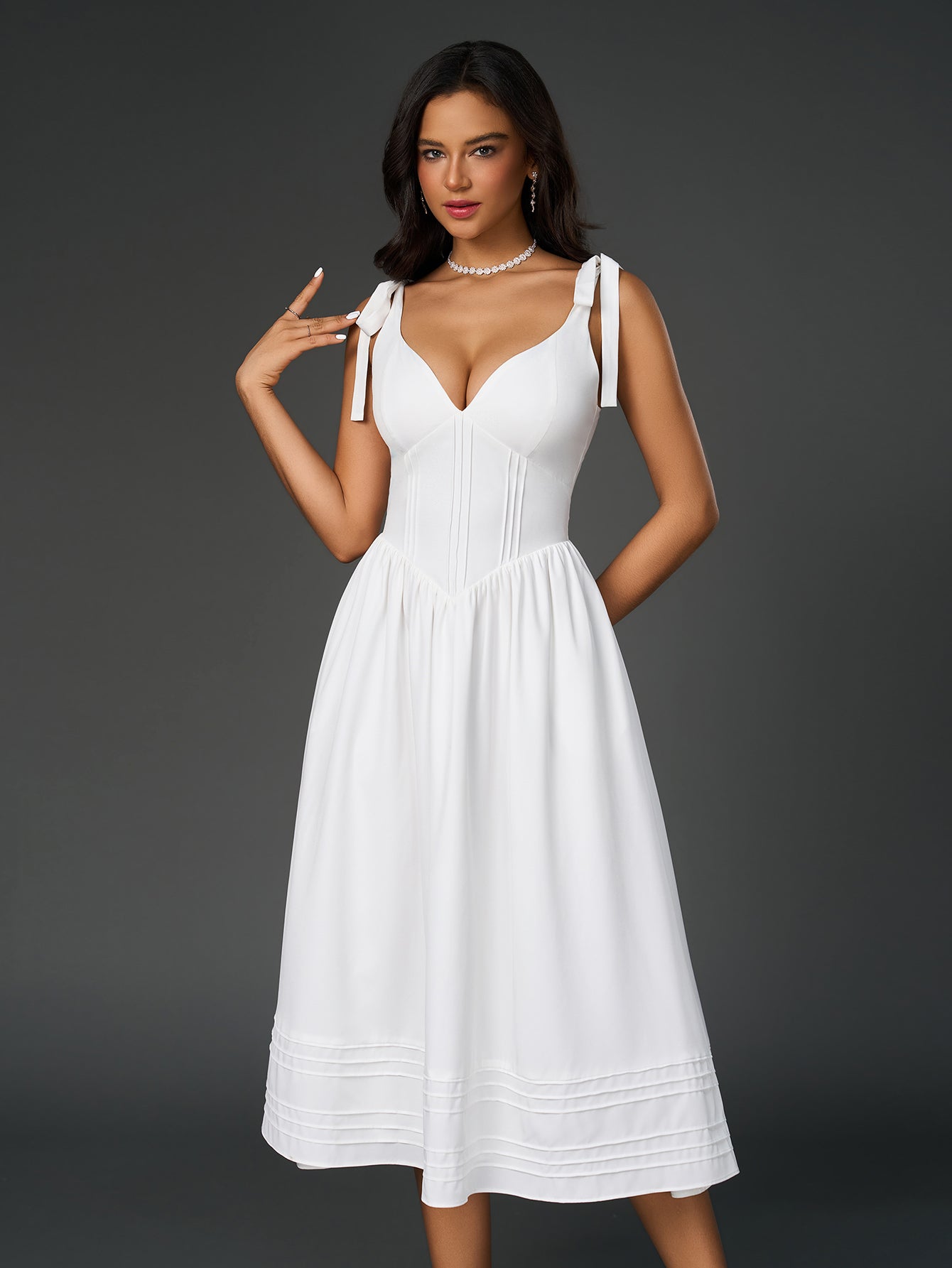 pleated tie shoulder v-neck pocket solid dress#color_white