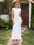 Cut U-Neck Back Out Floral Metal Decoration Ruched Mermaid Dress#color_white