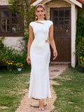 Back Cut U-Neck Out Floral Metal Decoration Ruched Mermaid Dress#color_white