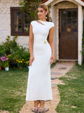 Back U-Neck Cut Out Floral Metal Decoration Ruched Mermaid Dress#color_white