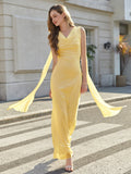 u-neck backless ruched side ribbon trim mesh dress#color_yellow