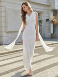 u-neck backless ruched side ribbon trim mesh dress#color_white