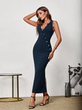 Woman posing in a navy blue sleeveless V-neck maxi sheath dress with button detailing and a side slit.