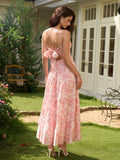 cut out v-neck bow tie back cami long dress#color_pinkfloral