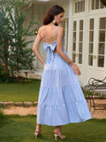 cut out v-neck bow tie back cami long dress#color_blue