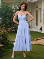 cut out bow tie back v-neck cami long dress#color_blue
