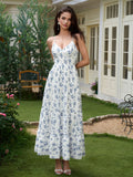 cut out bow tie back v-neck cami long dress#color_bluefloral