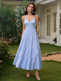 v-neck cut out bow tie back cami long dress#color_blue