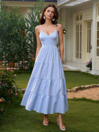 v-neck cut out bow tie back cami long dress#color_blue