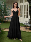 v-neck bow tie back cut out cami long dress#color_black