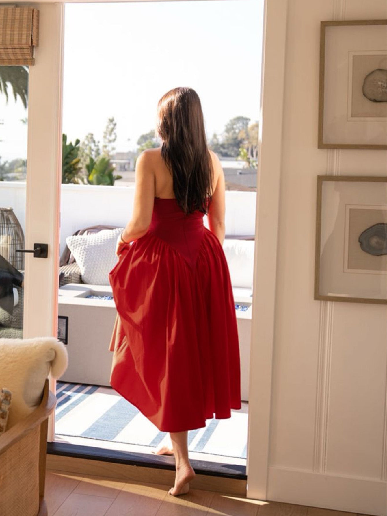 halter v-neck flared hem solid dress#color_red
