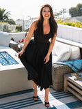 halter v-neck flared hem solid dress#color_black