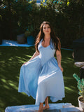 halter flared hem v-neck solid dress#color_blue