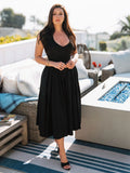 halter flared hem v-neck solid dress#color_black