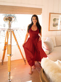 halter flared hem v-neck solid dress#color_red