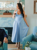 v-neck flared hem halter solid dress#color_blue