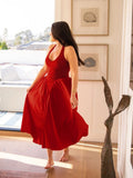 flared hem v-neck halter solid dress#color_red