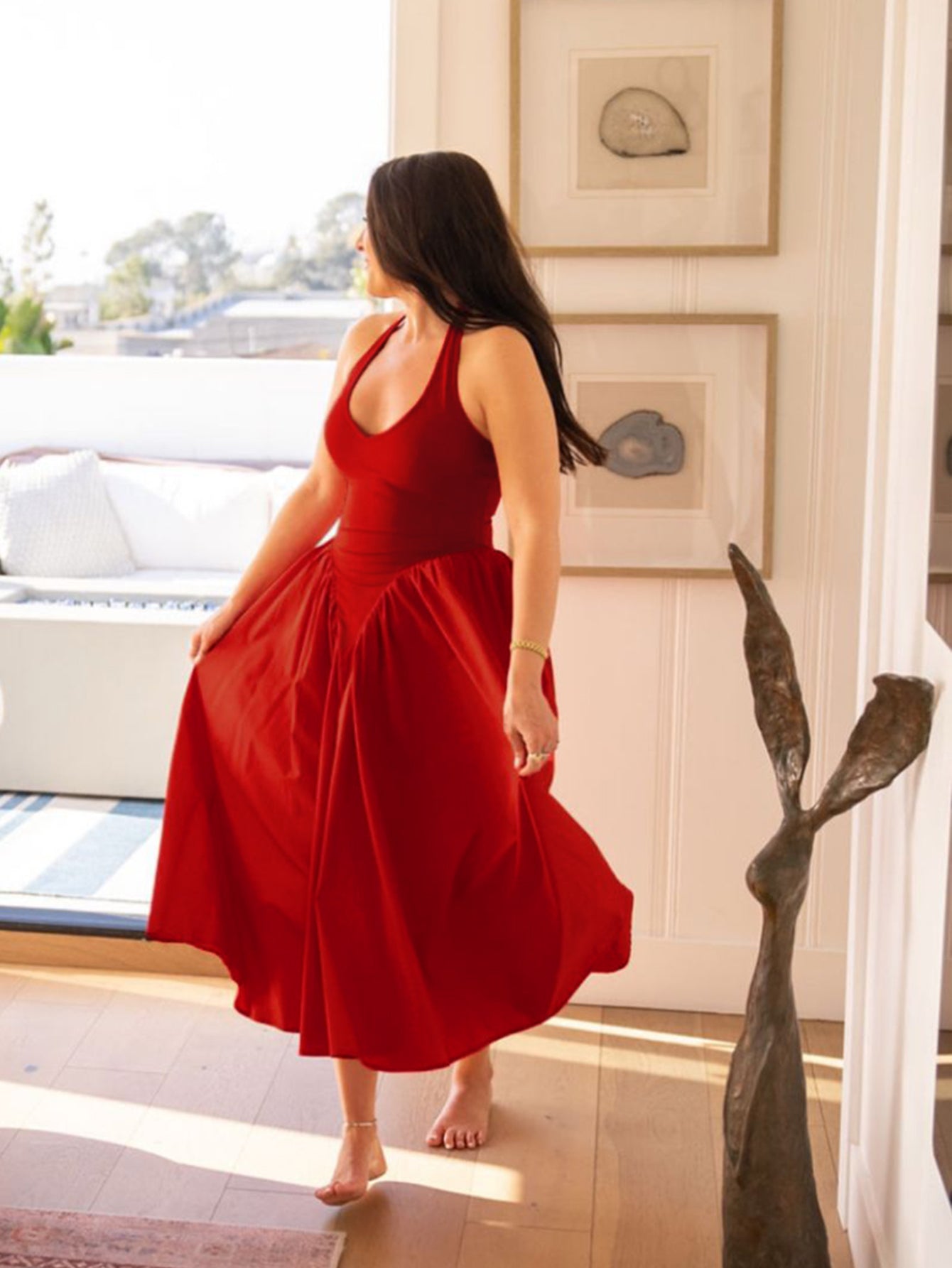 flared hem v-neck halter solid dress#color_red