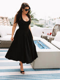 flared hem v-neck halter solid dress#color_black
