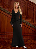 V-Neck Ruched Twist Bodycon Knitted Dress#color_black