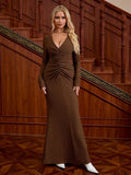 V-Neck Ruched Twist Bodycon Knitted Dress#color_brown
