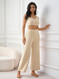 crop v-neck tank top&wide leg pants knitted set#color_ivory