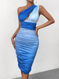 Halter Neck Ruched Dress with Color Block Detail - View 6 | WEUXS