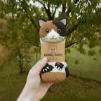 A hand holding a calico cat novelty sock in an outdoor setting.