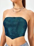 Fitted dark blue corset tube top with zipper detail - View 6 | WEUXS