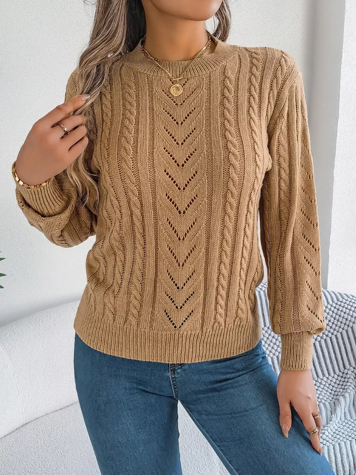 Women's Rust Cable Knit Sweater - WEUXS