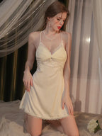 Vintage Cream | Twist-Front Lace & Mesh Satin Robe Set - WEUXS