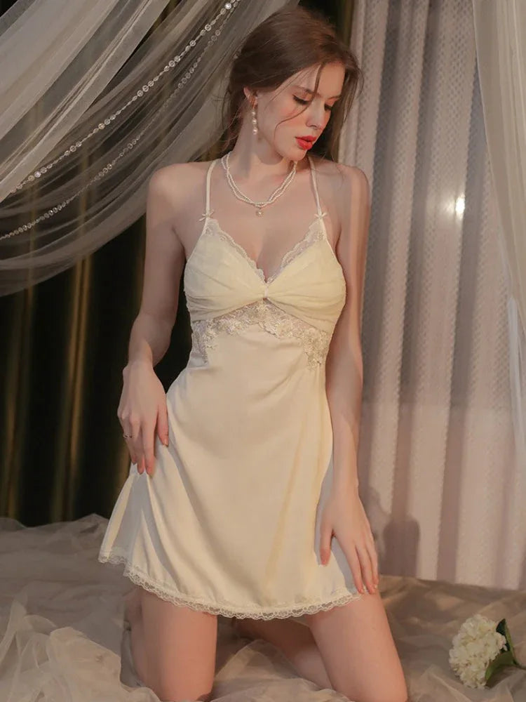 Vintage Cream | Twist-Front Lace & Mesh Satin Robe Set - WEUXS