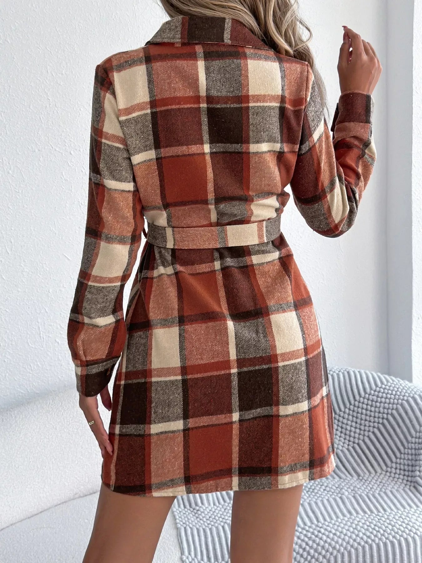 Green Plaid Belted Shirt Dress - View 14 | WEUXS