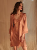 Pearl White Satin Lace Robe & Nightgown Set - WEUXS