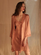 Pearl White Satin Lace Robe & Nightgown Set - WEUXS