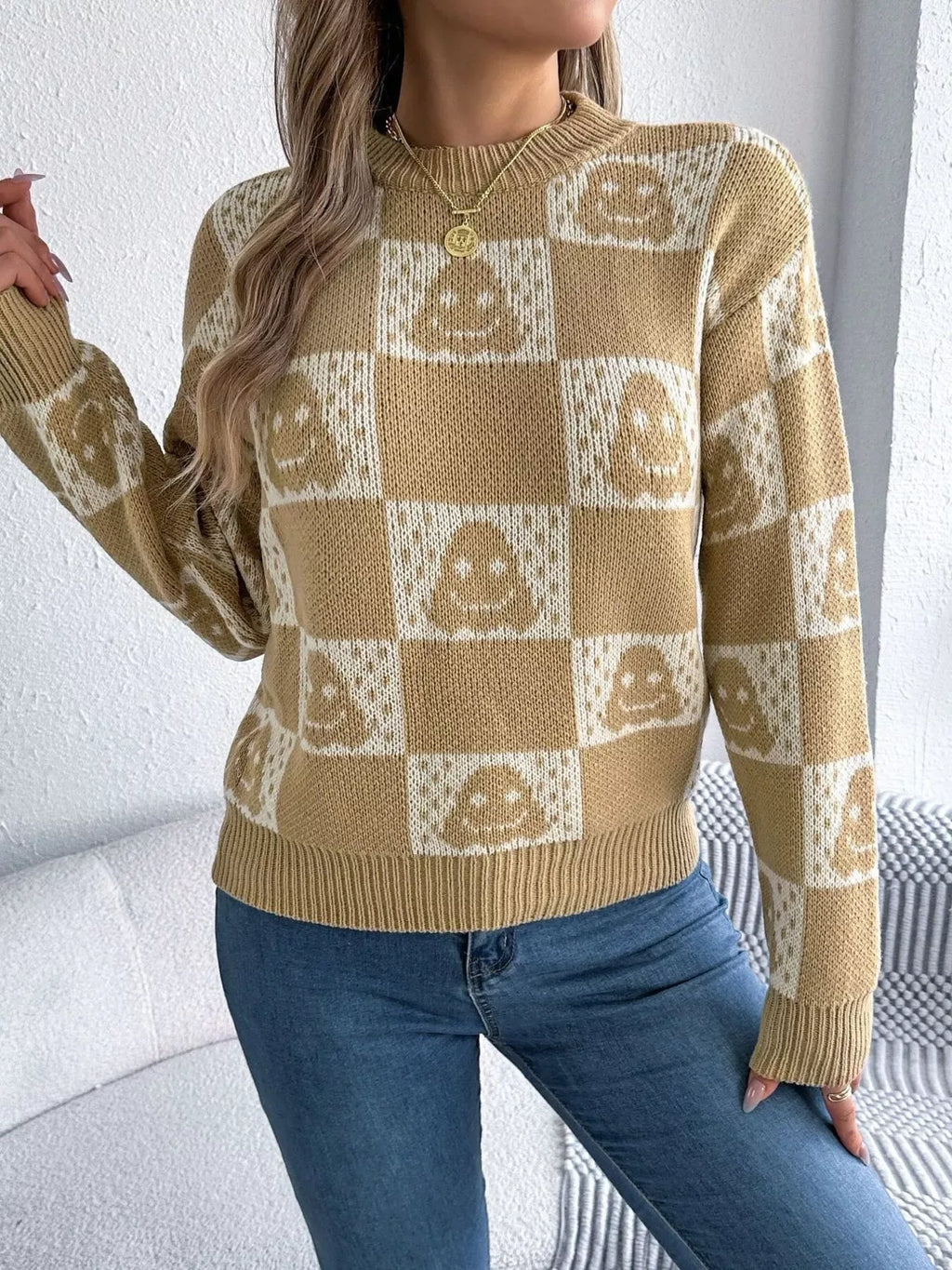 Spooky Chic Ghost Checkered Knit Sweater - WEUXS