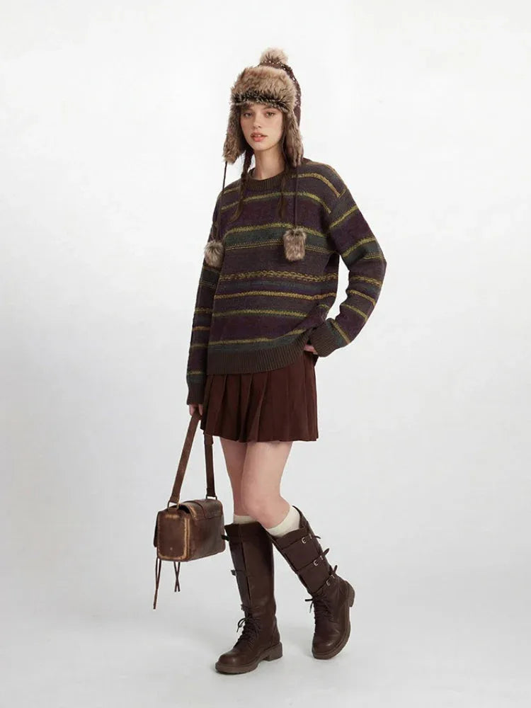 Woman posing with her hand in her pocket, showcasing a casual outfit with a striped sweater and winter accessories.
